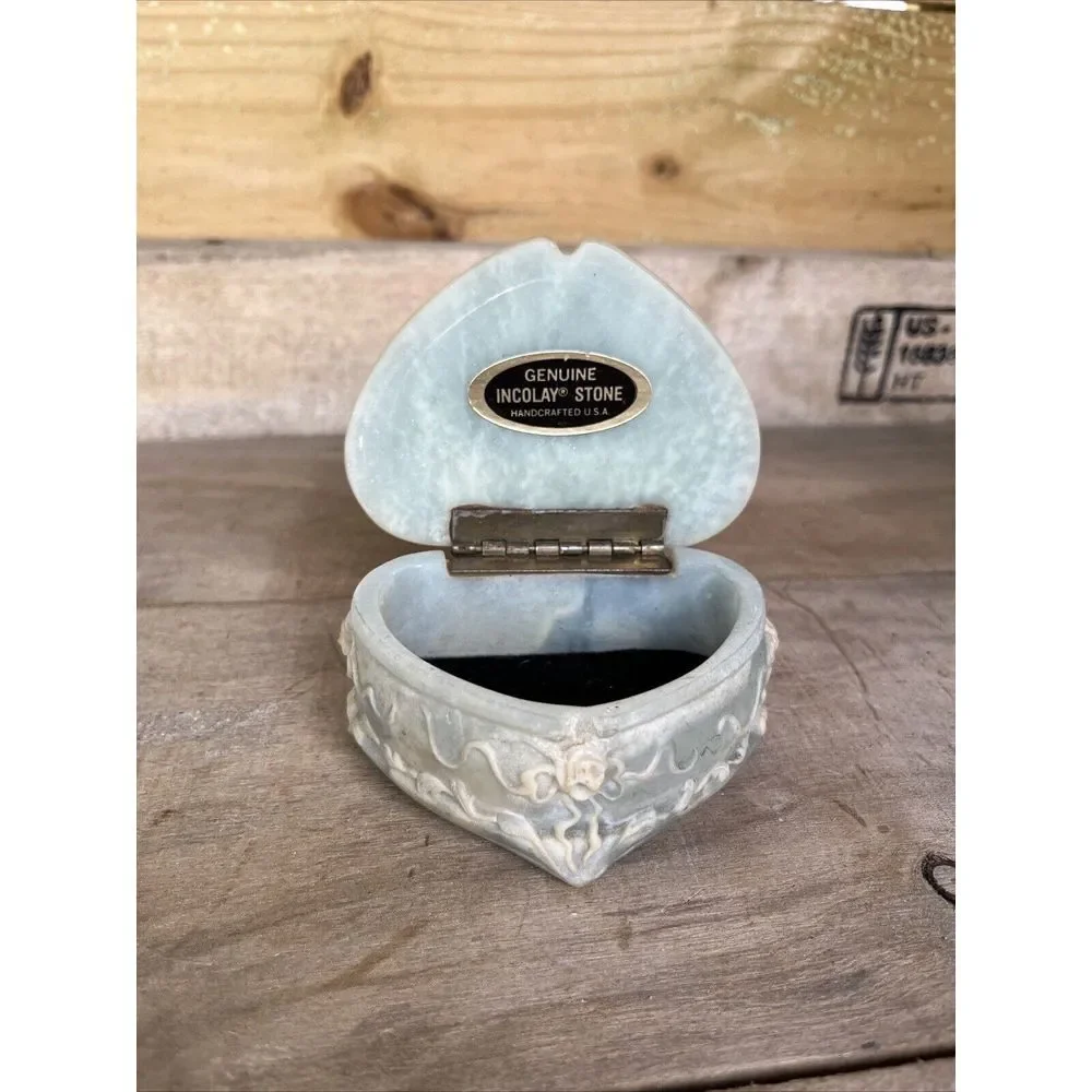Vintage Genuine Incolay Blue Green Stone Heart Shape /Roses  Jewelry Trinket Box